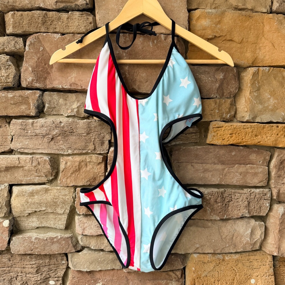 Capri Women L American Flag Monokini Stars&Stripes Cutout One Piece Swimsuit USA